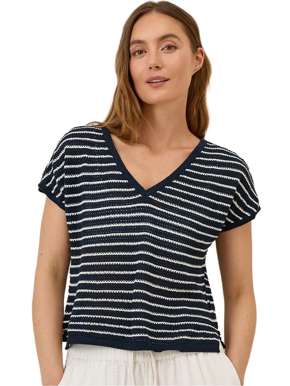Pact Navy & White Striped V-Neck Knit Top organic cotton & linen XXXL